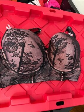 Cacique Black Lace Overlay Push up Bra with Pink Base